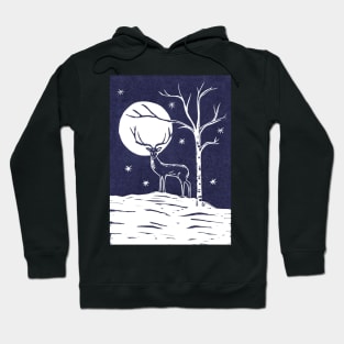 Stag in the Moonlight Blue and White LinoCut Hoodie